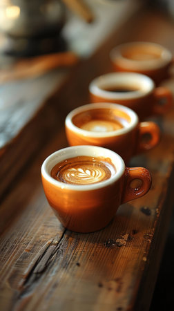 Golden Morning Brew: A Symphony of Coffee Cups Aglowの素材