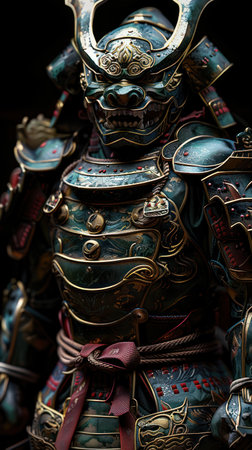 Ancient Warrior's Armor: A Detailed Samurai Suit in the Shadowsの素材