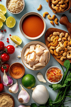 ingredients for peanut butter chicken, flat lay, White marble kitchen tableの素材