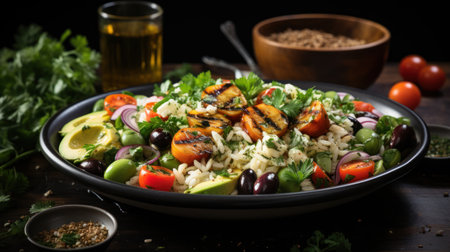 Couscous salad with dried apricots and pine nuts with fresh chopped herbs on a white tableの素材