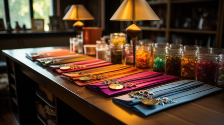 Fabric swatch books are put on a large table, buttons, zippers, photographyの素材