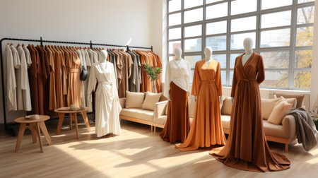 mannequins and racks, showing some casual muslim high street cotton tops, abaya and dressesの素材