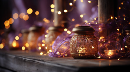 Pink fabric with lights on wooden table backgroundの素材