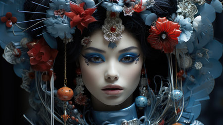 japanes white makeup geisha with japanese fanの素材