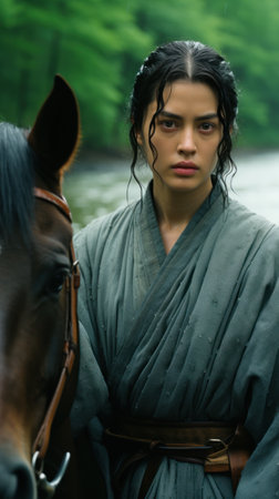 Mystic Harmony: A Horse and Rider Amidst the Tranquil Forestの素材