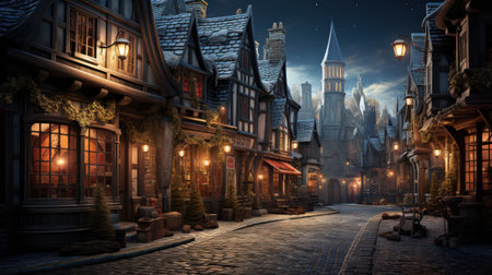 Beautiful christmas village in the style of book art illustrationsの素材