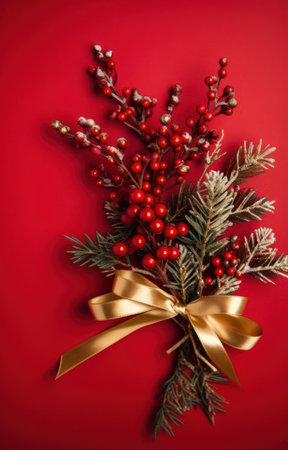 Christmas decoration with Christmas fir branches with gold ribbon, red decoration, red backgroundの素材