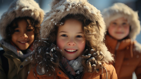 Christmas kids playing in the snowの素材