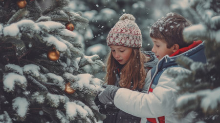 Christmas kids decorating a christmas tree outsideの素材