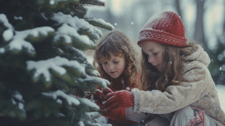 Christmas kids decorating a christmas tree outsideの素材