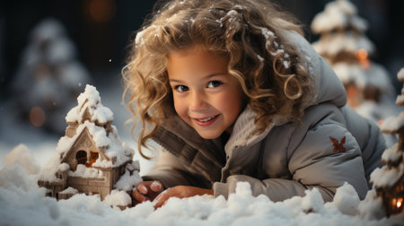 Christmas kids building a snow fort from snowの素材