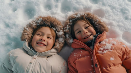 Christmas kids making snow angelsの素材