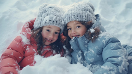 Christmas kids playing in the snowの素材