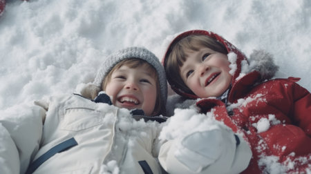 Christmas kids making snow angelsの素材