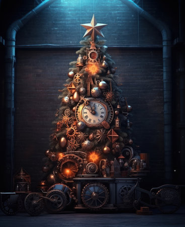 Steampunk style christmas tree, set in a steampunk style frame, 3d, neotraditional illustrationの素材