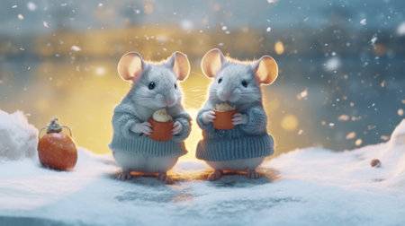 watercolor Christmas mice in winterの素材