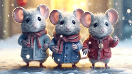 watercolor Christmas mice in winterの素材