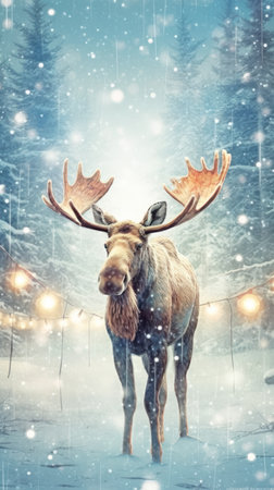 Cute funny watercolor Christmas moose in a winter sceneの素材