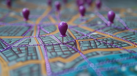 "Navigating the Urban Jungle: A Close-Up of Purple Pins on a City Map"の素材