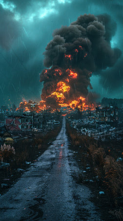 "Apocalyptic Rain: A Fiery Storm Engulfs a Silent Town"の素材