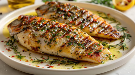 "Golden Grilled Fish Delight with Fresh Herbs and Lemon"の素材