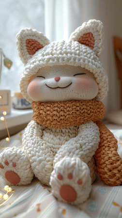 "Cozy Knitted Cat Plushie Basking in Soft Morning Light"の素材