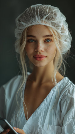 "Focused Professional in Sterile Attire Holding a Device"の素材