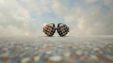 "Embracing Unity: Two Hands Sculpted in Stone Against a Cloudy Sky"の素材