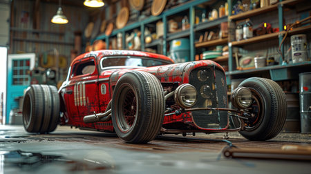 "Vintage Elegance: A Rustic Red Hot Rod in a Classic Workshop"の素材