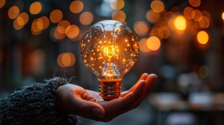 "Illuminated Ideas: A Hand Holding a Glowing Light Bulb Amidst Bokeh Lights"の素材