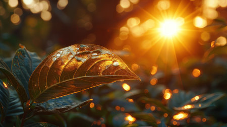 "Golden Sunrise Dew on a Lush Green Leaf"の素材