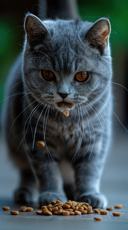 "Curious Gray Cat Savors Meal in Sunlit Garden"の素材