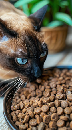 "Curious Siamese Cat Examining a Bowl of Dry Food"の素材