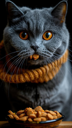 "Whiskered Gourmet: A Gray Cat's Delight in a Kibble Feast"A blue cat eating cat food on a white background --no beard --chaos 50 --ar 9:16 --style raw --stylize 1000 Job ID: b7351ac6-0d23-42a3-9388-2b4b81152426の素材