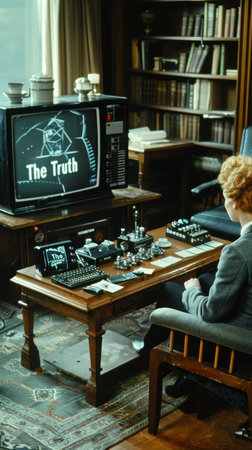 "Vintage Study Room with a Person Watching 'The Truth' on Television"の素材