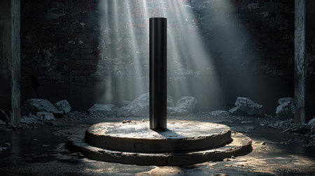 A black cylinder on a platform in a dark room.の素材
