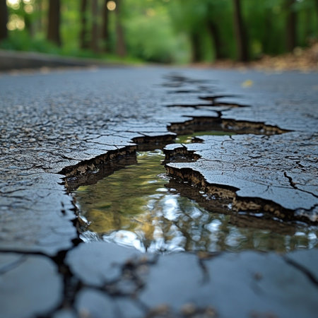 Ravaged road surface reflects tranquil greenery, showing the beauty of resilience.の素材