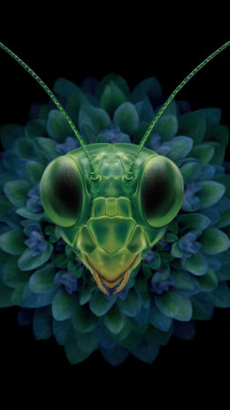 A vibrant green mantis face surfaces among intricate floral textures.の素材
