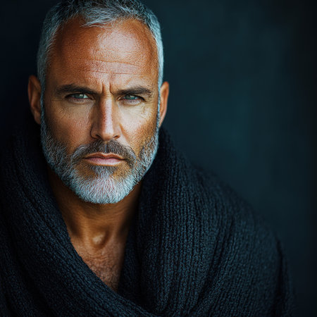 Mature man with silver hair and beard gazes deeply while draped in a cozy black scarf.の素材