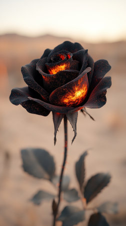 A black rose with a fiery core stands out against a sandy backdrop at dusk.の素材