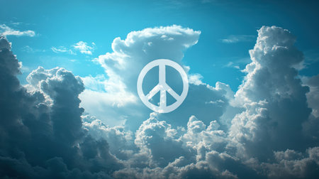 Majestic clouds and a glowing sky framed by a peace symbol inspire calm.の素材