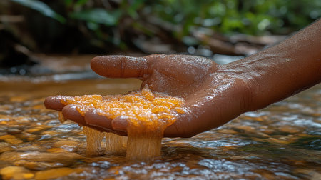 A hand captures stunning golden beads from a flowing stream in a vibrant forest setting.の素材