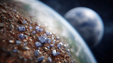 Crystals shimmer on a rugged alien landscape with Earth looming in twilight.の素材