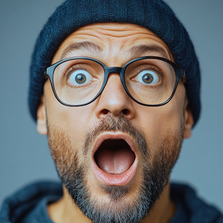 A bespectacled man in a beanie shows surprise with raw emotion.の素材