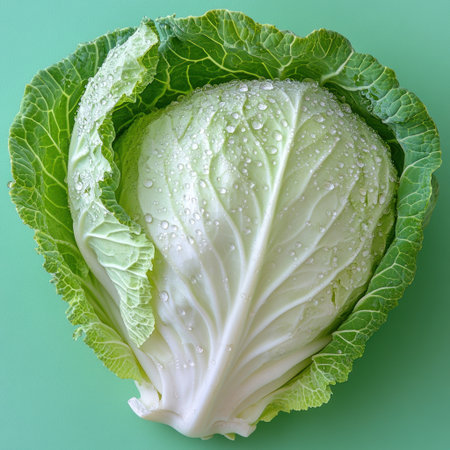 Crisp cabbage with water droplets sits against a vibrant green background.の素材