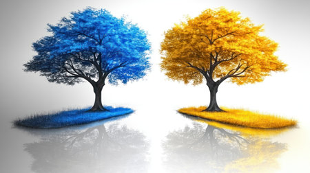 Two trees stand tall, one with blue leaves and the other with yellow ones.の素材