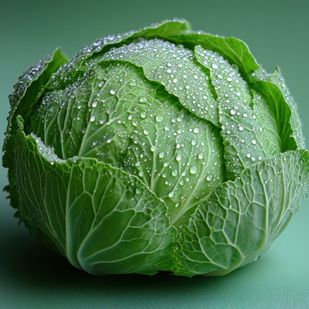 Cabbage with water droplets shines brightly against a green background in morning light.の素材