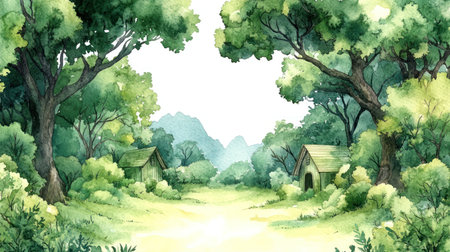 A peaceful path winds through lush greenery to cozy cabins in nature.の素材