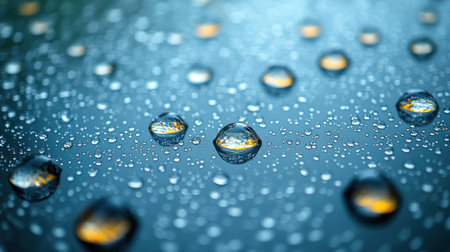 Droplets of water on a glossy surface reflect twilight's hues.の素材