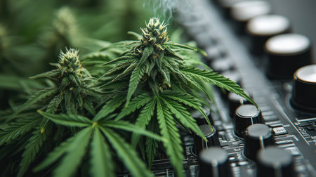 Cannabis plants thrive by a mixing board, blending nature and creativity.の素材